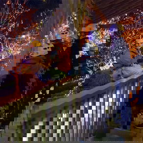 People watching zip lines with Christmas lights behind them